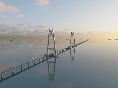 Cable Stayed Bridge Over Calm Sea With Sunset Sky Clouds And Passing Ships 3d model