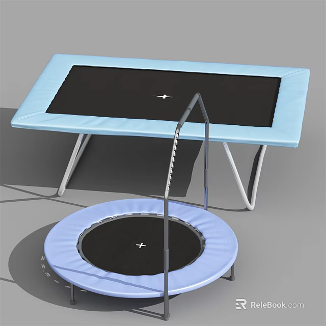 Sturdy Sports Equipment Featuring Rectangular And Circular Trampolines With Metal Frames 3d model 