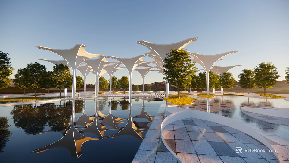 Modern Tensile Pergola with White Canopy Reflection in Water and Green Trees in Landscape Design 3d model 