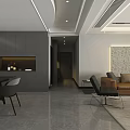 Modern Living And Dining Room Interior With Dark Furniture Marble Accent Wall And Decorative Mirror