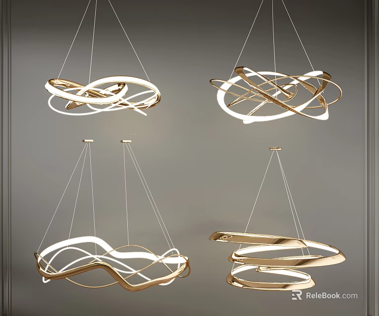 Abstract Irregular Pendant Lights With Artistic Curved Gold Metal Ring Design For Modern Interior 3d model 