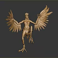 Detailed Golden Mythical Humanoid Sculpture With Outstretched Wings And Claws
