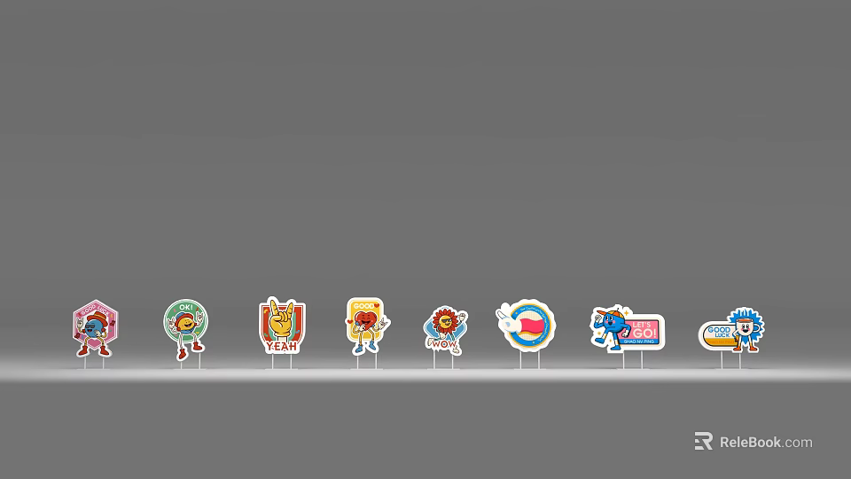 Colorful Cartoon Badges With Various Fun Characters Arranged on Gray Background 3d model 