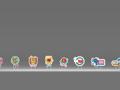 Colorful Cartoon Badges With Various Fun Characters Arranged on Gray Background 3d model