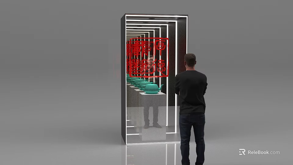 Man Viewing Commercial Display Equipment with Mirrors Lighting and Neatly Arranged Green Bowl Shaped Objects 3d model 