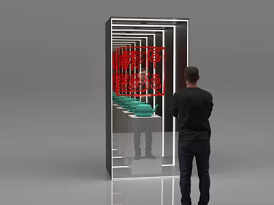 Man Viewing Commercial Display Equipment with Mirrors Lighting and Neatly Arranged Green Bowl Shaped Objects 3d model