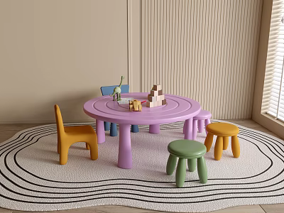 Round Pink Kids Table with Small Yellow Green Blue Chairs and Toys on Wavy Rug 3d model