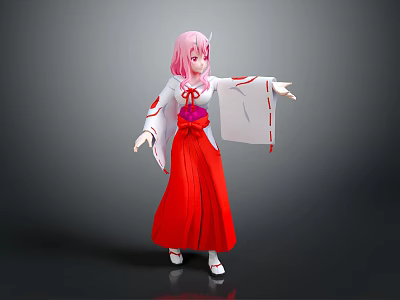 Game Movie Character With Pink Hair In Traditional White Top And Red Long Skirt 3d model
