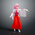 Game Movie Character With Pink Hair In Traditional White Top And Red Long Skirt