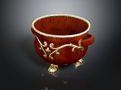 Decorative Red Bowl With Golden Vine Patterns Handles And Feet 3d model