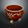 Decorative Red Bowl With Golden Vine Patterns Handles And Feet