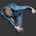 Woman In Blue Shirt And Patterned Pants Dancing On One Leg Holding Object Gray Background