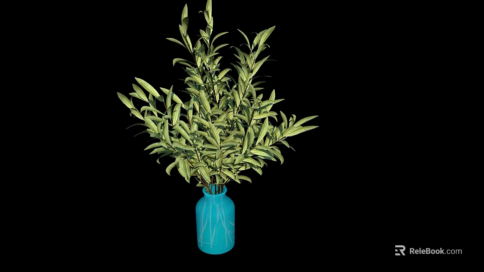 Blue Vase With Fresh Green Foliage And Lush Botanical Leaves 3d model 