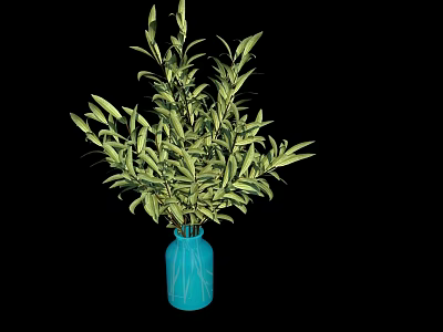 Blue Vase With Fresh Green Foliage And Lush Botanical Leaves 3d model