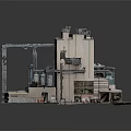 Cartoon Scene of Industrial Facility with Crane Building Platform and Model