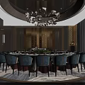 Luxury Chinese Style Private Dining Room With Round Table Blue Chairs Wooden Panels And Chandelier