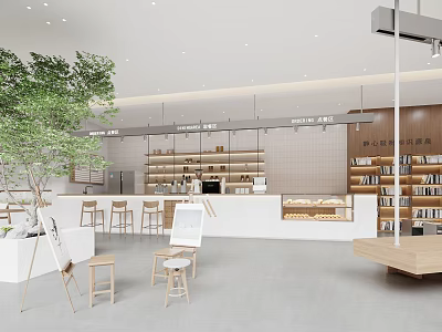 Modern Café Interior with Greenery Bar Counter Wooden Bookshelves Pastry Display Easels and Chairs 3d model