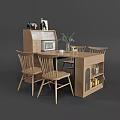 Wooden Dining Table Set with Four Chairs Microwave Plant Vase and Glass Door Storage Cabinet
