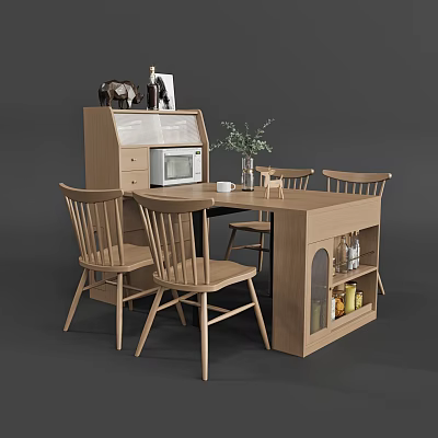 Wooden Dining Table Set with Four Chairs Microwave Plant Vase and Glass Door Storage Cabinet 3d model