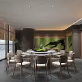 Elegant Modern Private Dining Room Interior With Round Table Chairs Large Windows And Green Decorative Art
