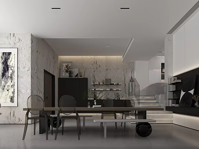 Modern Living and Dining Room Interior With Marble Wall Dining Table Staircase And Cabinets 3d model