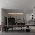 Modern Living and Dining Room Interior With Marble Wall Dining Table Staircase And Cabinets