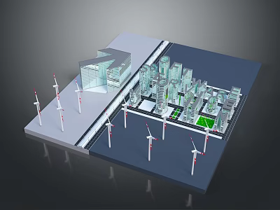 Cartoon City Scene With Wind Turbines Green Park And Modern Buildings 3d model