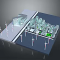 Cartoon City Scene With Wind Turbines Green Park And Modern Buildings