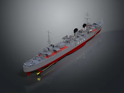 3D Model of Gray Warship with Red Bottom Masts Smokestack and Deck Equipment 3d model