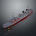 3D Model of Gray Warship with Red Bottom Masts Smokestack and Deck Equipment