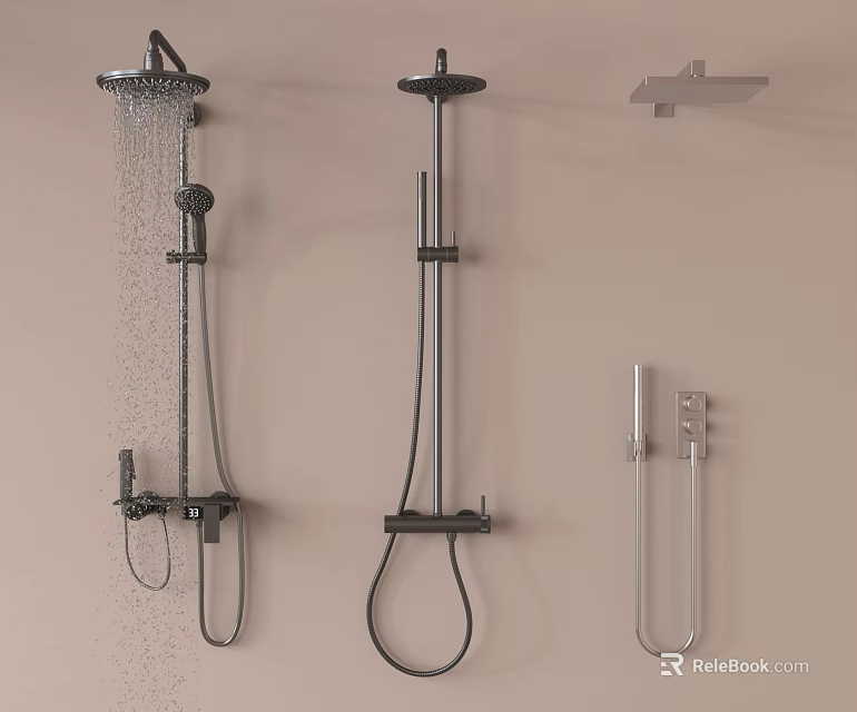Modern Wall Mounted Shower Systems With Handheld And Overhead Sprayers In Black Silver 3d model 