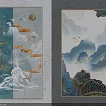 Abstract Paintings With Blue Tones Golden Lines Mountain Landscapes Flying Birds And Moon
