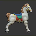 Colorful Toy Horse Figure with White Body Blue Saddle Yellow Reins and Brown Mane Tail