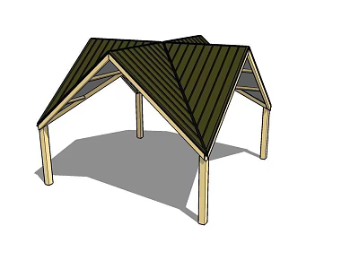 Open Wooden Pergola With Sloped Green Roof And Light Colored Supporting Columns 3d model