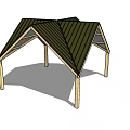 Open Wooden Pergola With Sloped Green Roof And Light Colored Supporting Columns