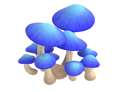 Vibrant Blue Mushroom Cluster With Smooth Round Caps And Light Beige Stems 3d model
