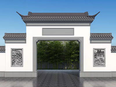 Ancient Chinese Gateway Architecture With Traditional Roof Eaves Stone Carvings And Bamboo Grove 3d model