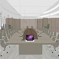 Modern Spacious Conference Room With Long Table Laptop Microphones Chairs And Large Windows