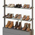 Modern Shoe Rack Displaying Various Leather Shoes and Boots on Multi layer Shelves