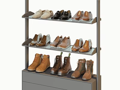 Modern Shoe Rack Displaying Various Leather Shoes and Boots on Multi layer Shelves 3d model