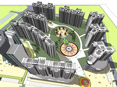 Modern High rise Residential Complex With Central Garden And Circular Plaza Layout 3d model