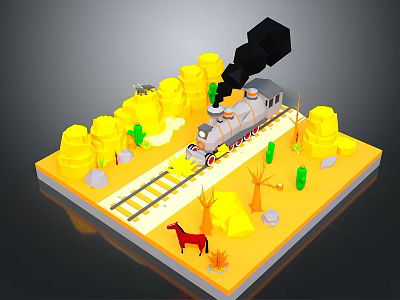 Vintage Train On Railroad Tracks With Desert Cactus Hay Bales And Horse 3d model