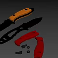 3D Rendered Tactical Knives With Black Orange Handles Red Parts And Metal Screws