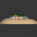 Cartoon Beach Scene With Palm Trees Wooden Platform Swimming Pool Rocks And Bridge