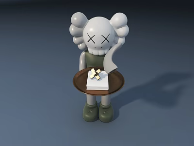 Cartoon Sculpture Featuring White Head Crossed Eyes Green Outfit Holding Tray With Square Yellow Butterfly 3d model