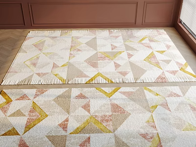 Square Rug Featuring Geometric Patterns And Fringes In Neutral Tones 3d model