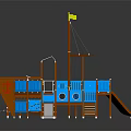 Ship Shaped Playground Equipment with Blue Brown Structure Slides Stairs and Yellow Flag on Top