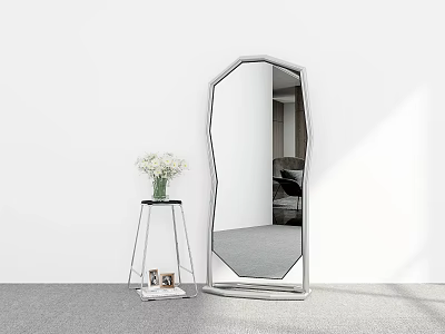 Standing Octagonal Mirror In Interior With White Wall Gray Floor Small Table Vase And Flowers 3d model