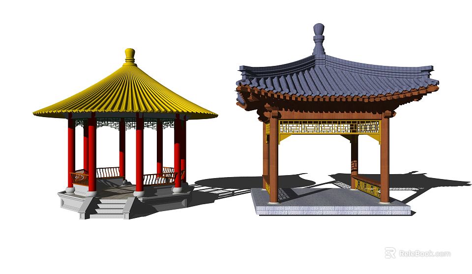 Traditional Chinese Pavilions Featuring Yellow Roof Red Pillars And Blue Roof Brown Pillars 3d model 