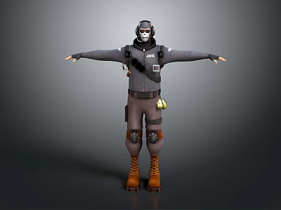 3D Character Design With Gray Outfit Helmet Mask Backpack And Brown Boots 3d model